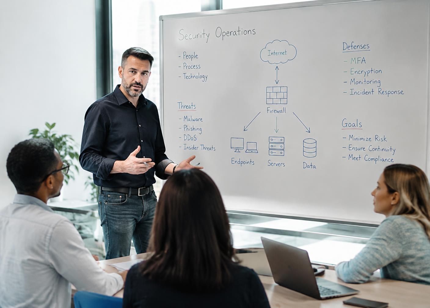 A consultant leading a security strategy workshop at a whiteboard