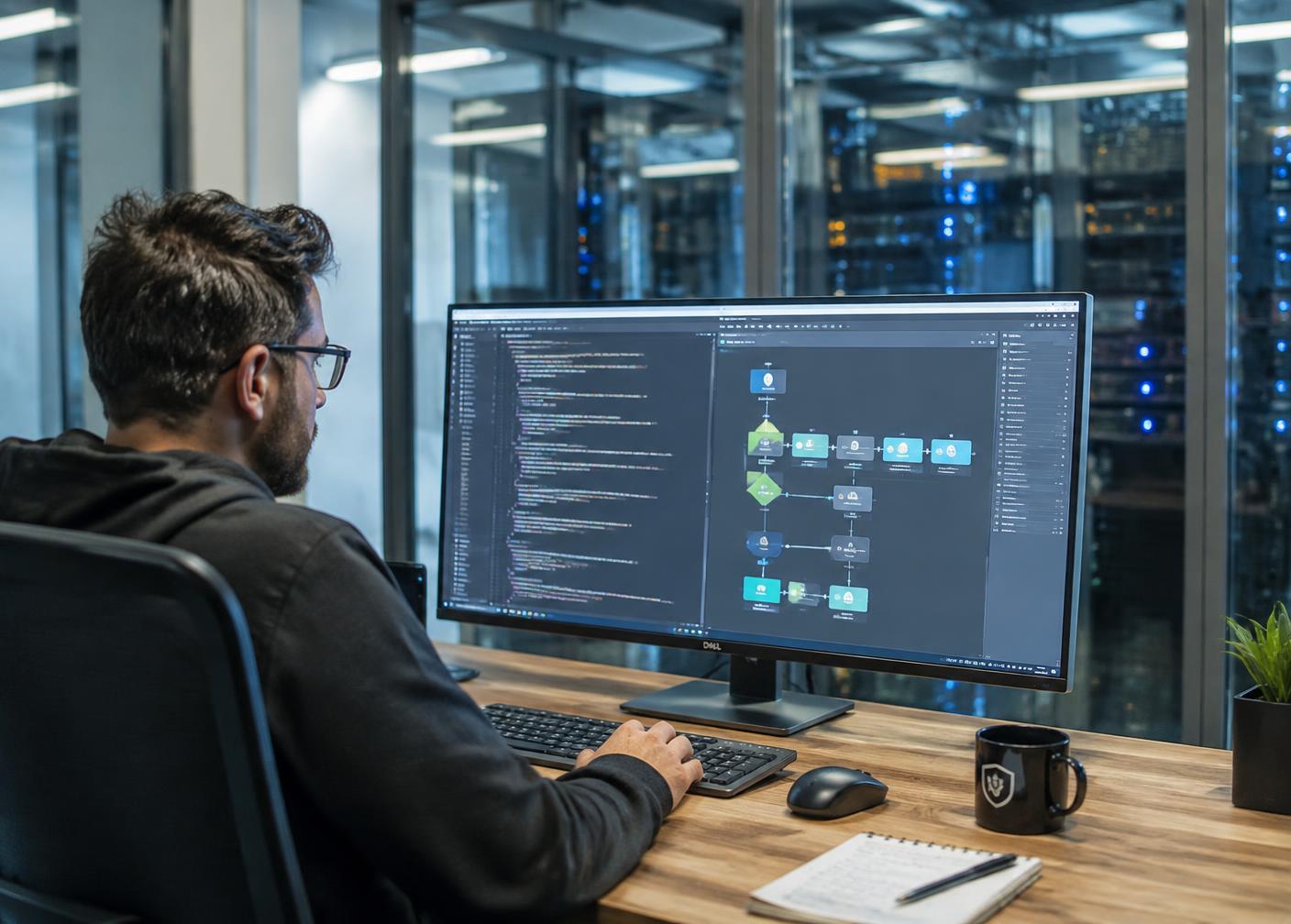 A security engineer building an automated workflow on a large monitor