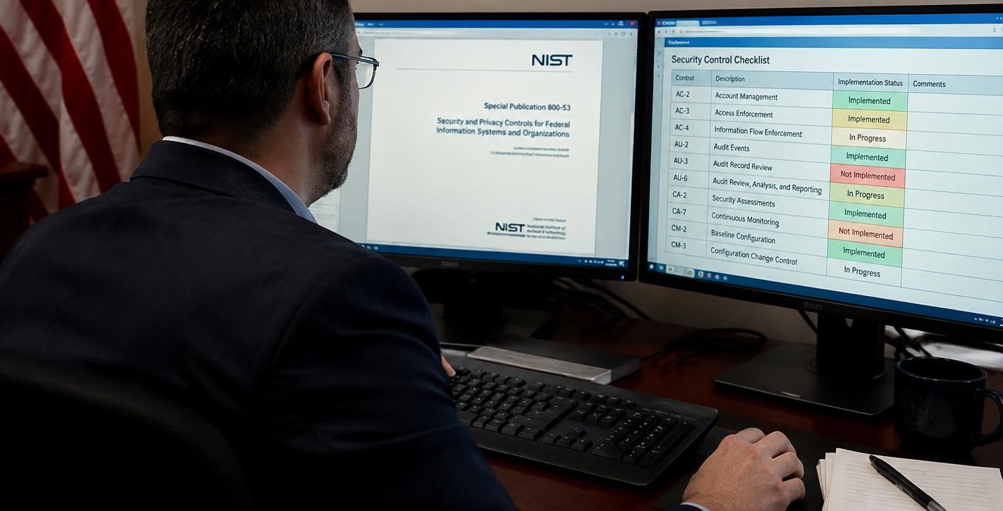 An analyst reviewing security control documentation on two monitors