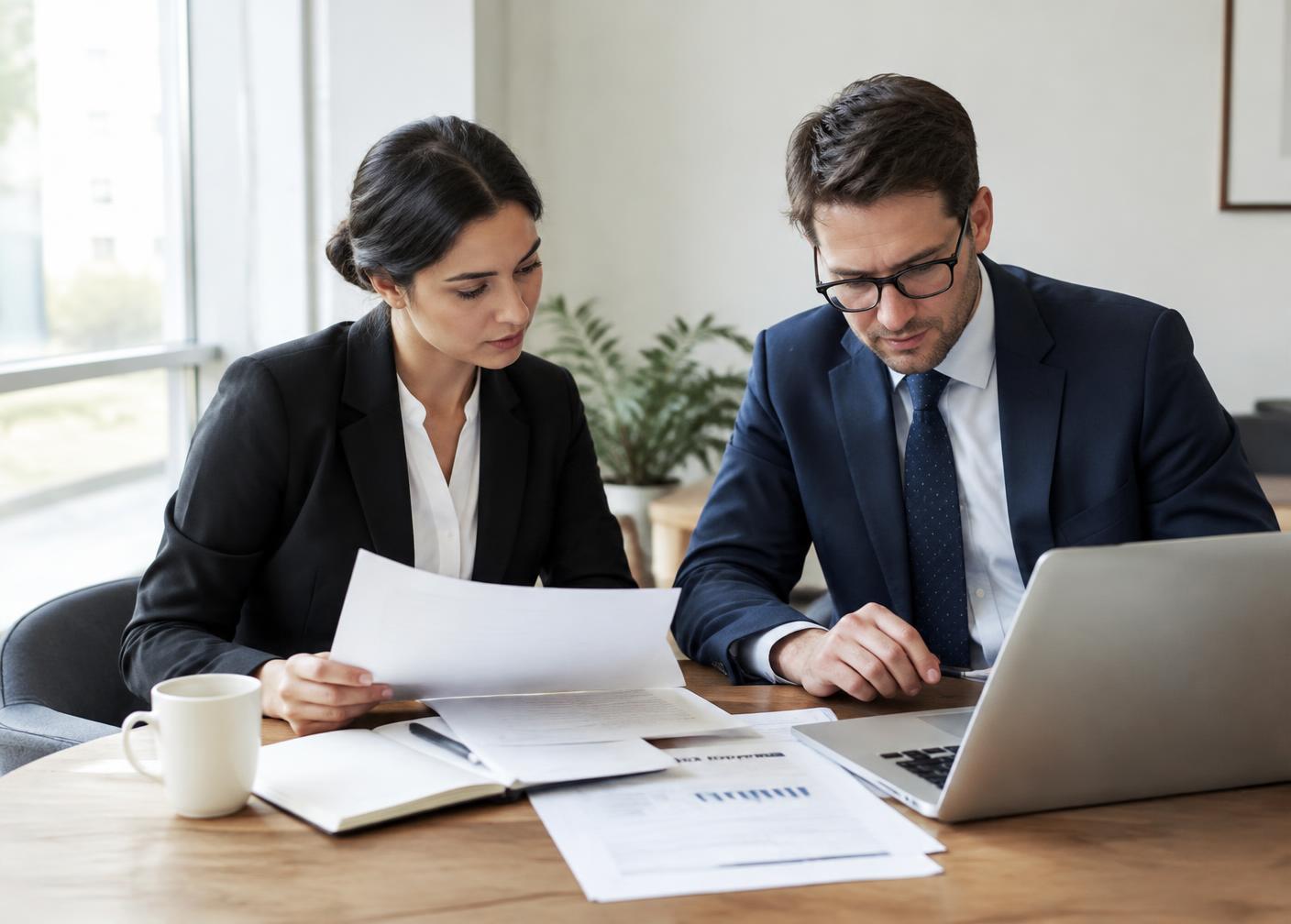 Two professionals reviewing audit documentation and a risk report
