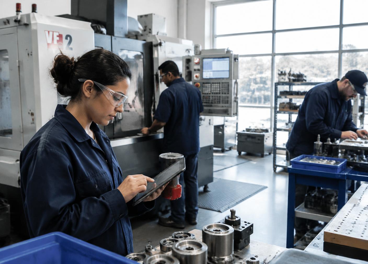 Employees operating machinery on the floor of a small manufacturing plant