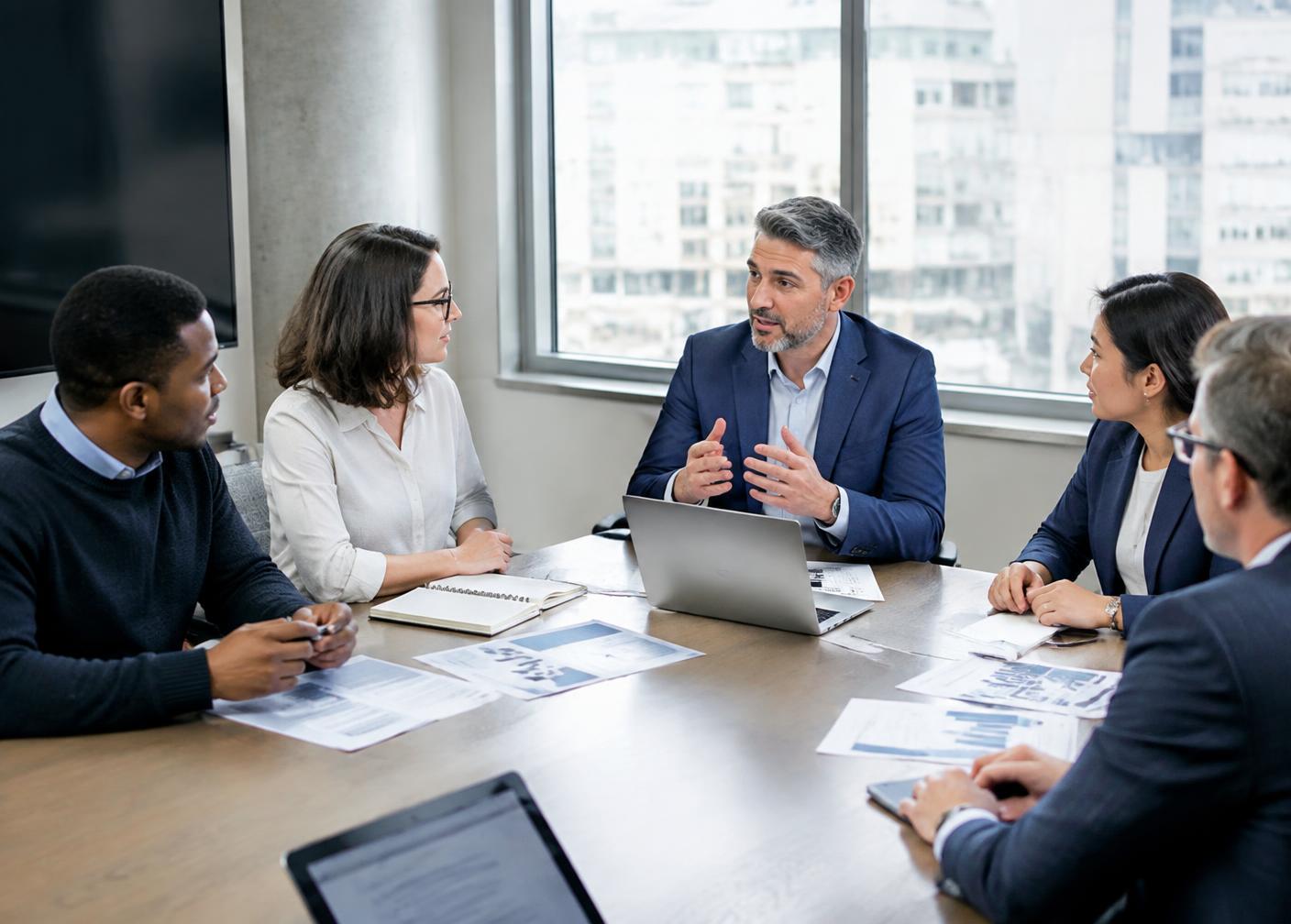 Technical staff and business leaders discussing cybersecurity strategy around a conference table